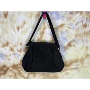 Vintage Handbag, Black Top Handle Evening Bag, 30s/40s Black Fabric Bag